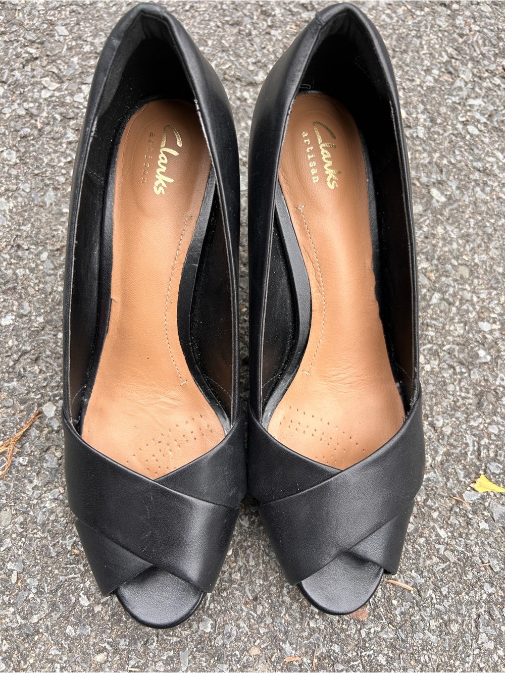 Clarks Black Leather Peep-Toe Wedges